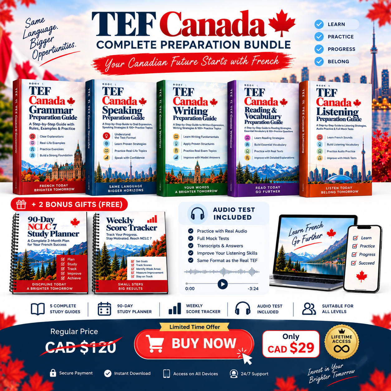 TEF Canada Complete Preparation Bundle - 5 Digital Guides, 2 Bonuses and Audio Tests
